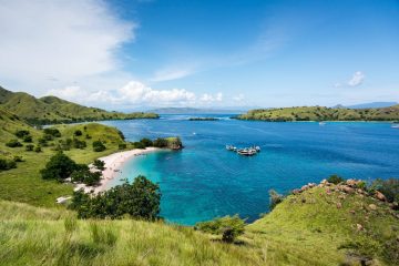 top view of pink beach with turquoise clear water in komodo isla, lombok to komodo island boat trip, komodo island tour package pantai pink, Lombok To Komodo Island Boat Trip, Komodo Island Tour Package